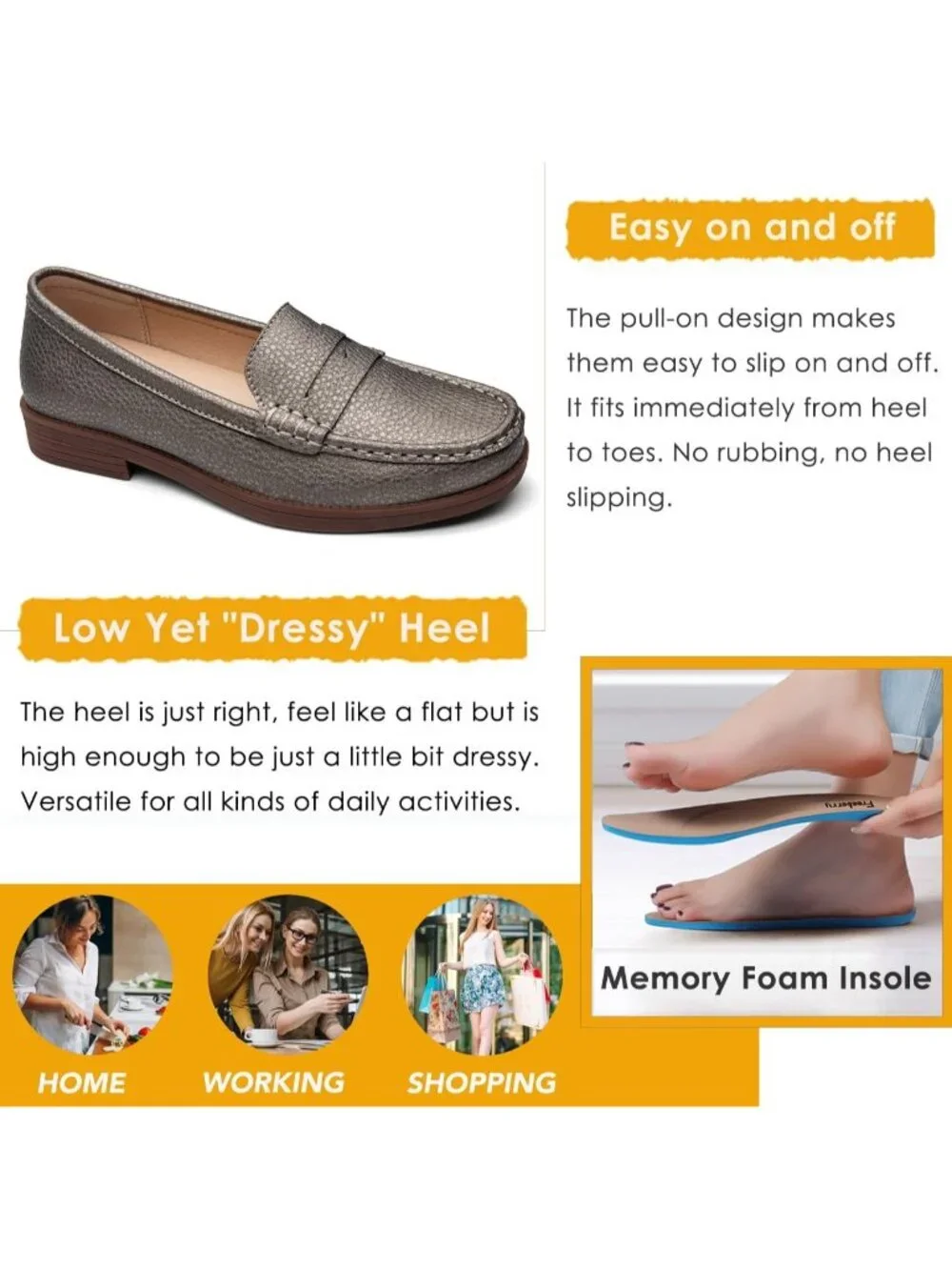 Women's Bronze Leather Comfortable Penny Loafers Slip On Casual Walking Shoes